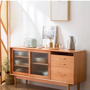 現代簡約餐邊櫃 實木推拉門櫥櫃 靠牆置物架日式碗櫃