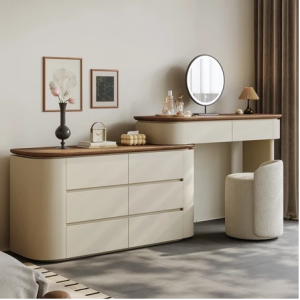 梳妝台/實木梳妝台/ 轉角化妝台可伸縮化妝桌斗櫃化妝台一體胡桃木紋檯面